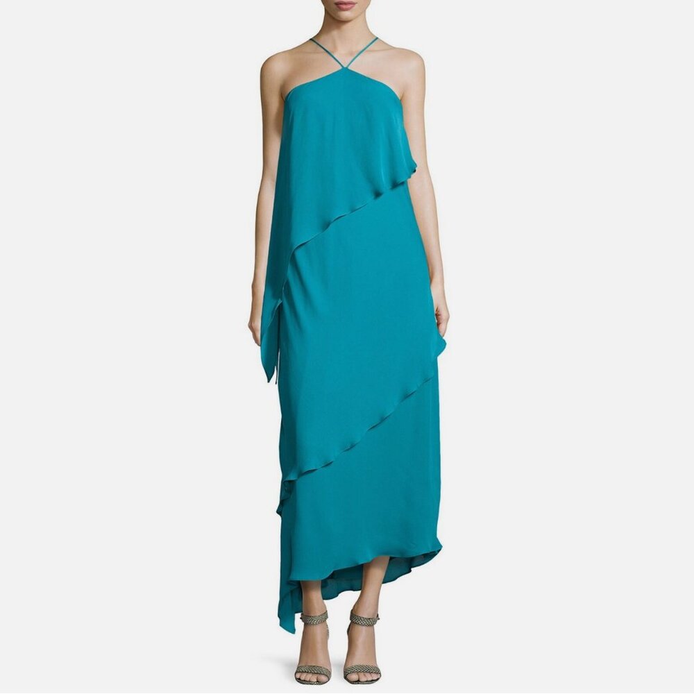 Halston Heritage Silk Tiered Ruffle Halter Gown